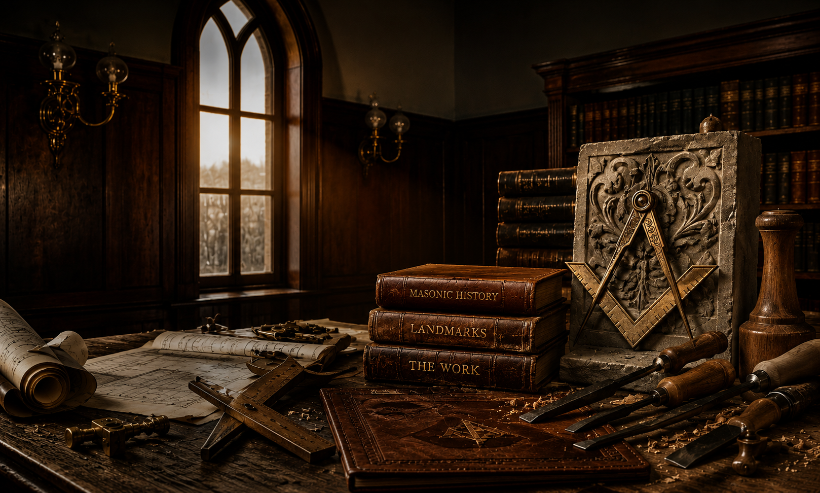Atelier of digital craftsmanship — leather-bound Masonic volumes, drafting instruments, woodworking tools, and carved stone bearing the square and compasses, lit by warm light from an arched window